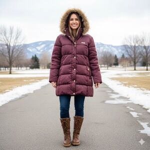 Coogi Puffer Coat Womens 2X Burgundy Faux Fur Removable Hooded Quilted Winter